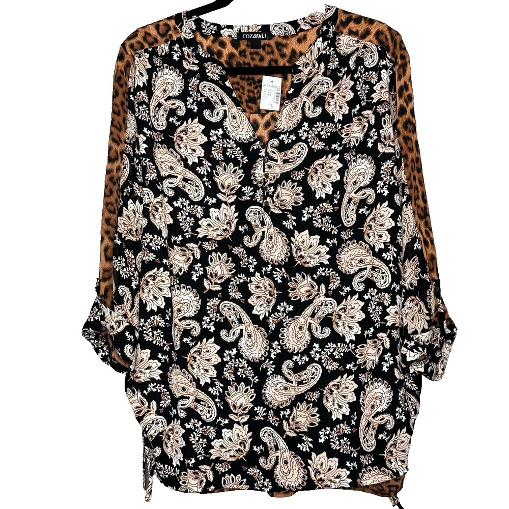 Roz & Ali Top 1X Shirt Brown Paisley Cheetah Print Tab 3/4 Sleeve Henley V Neck